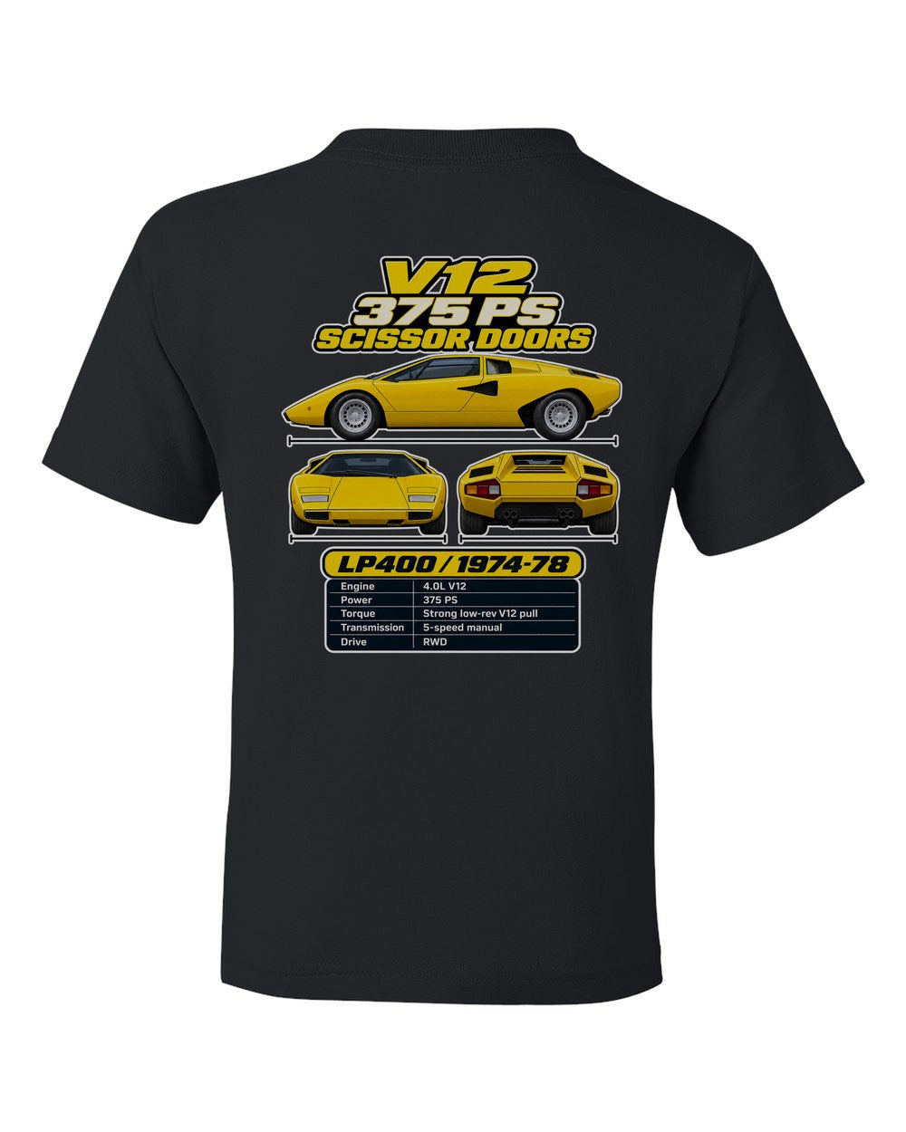 Lamborghini Countach Lp400 spec sheet black kids tee back view with the design