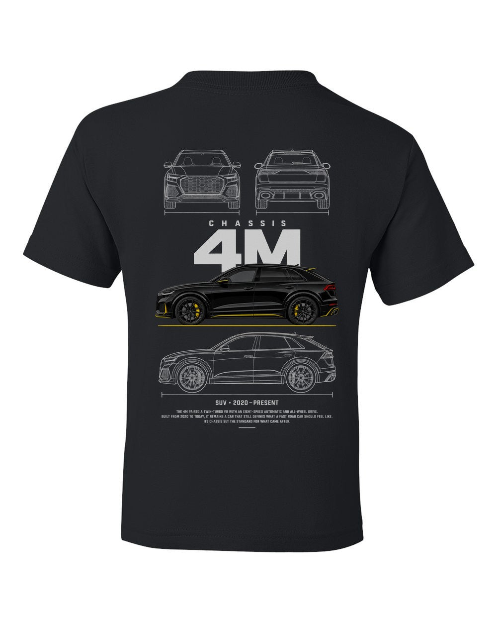 4M full-back artwork black kids tee back view with the design