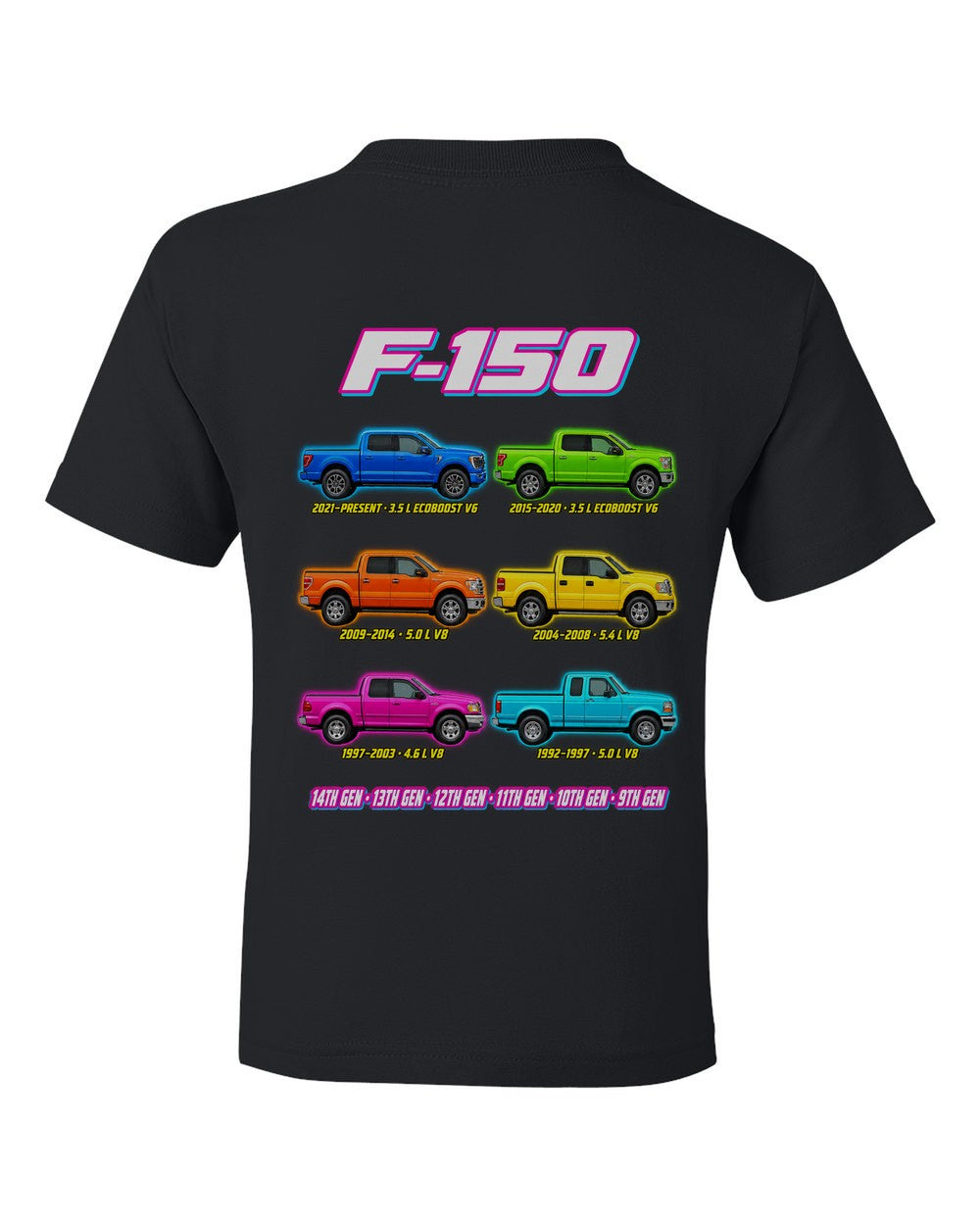 Ford F-150 evolution poster black kids tee back view with the design