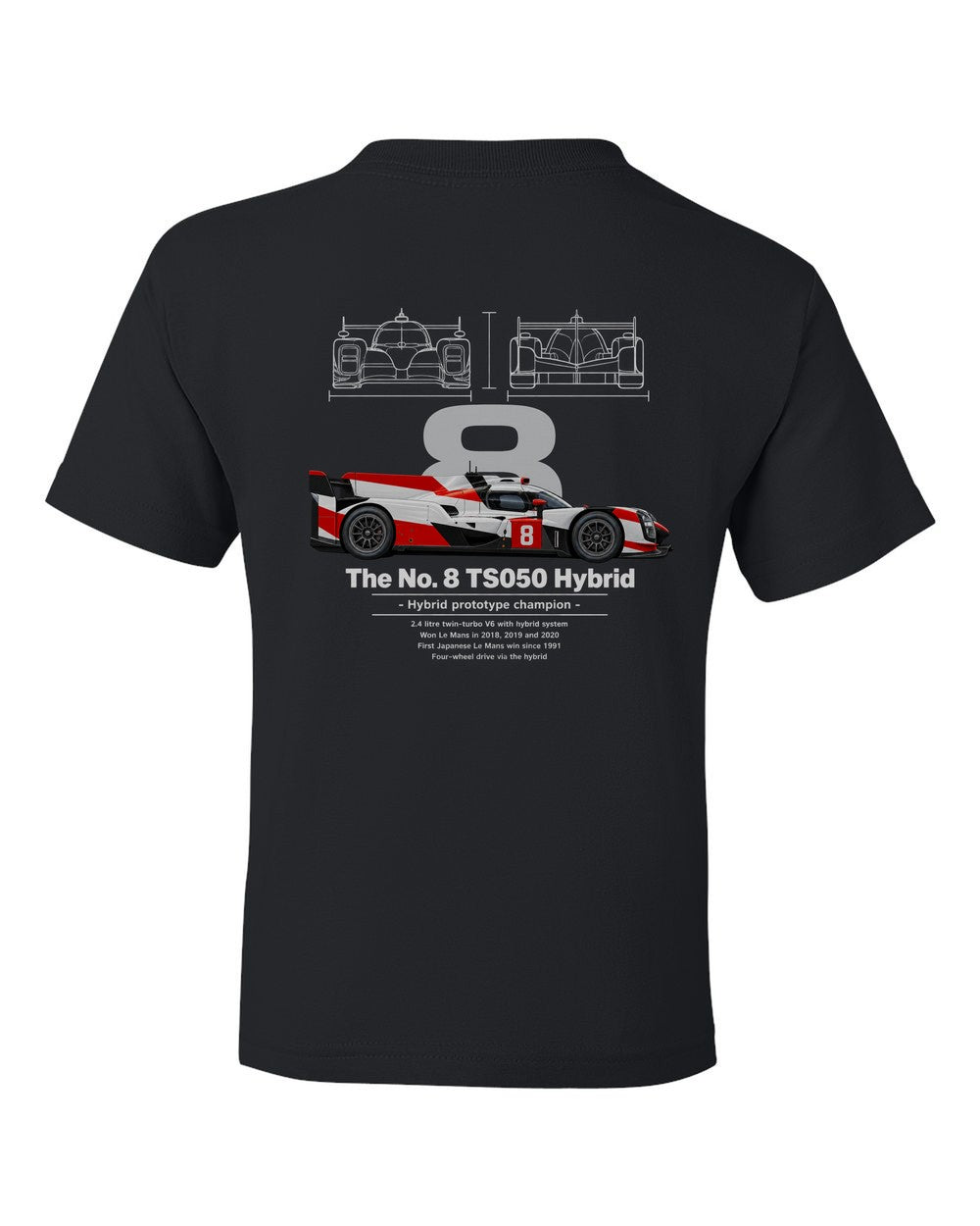 No. 8 TS050 Hybrid black kids tee back view with the design