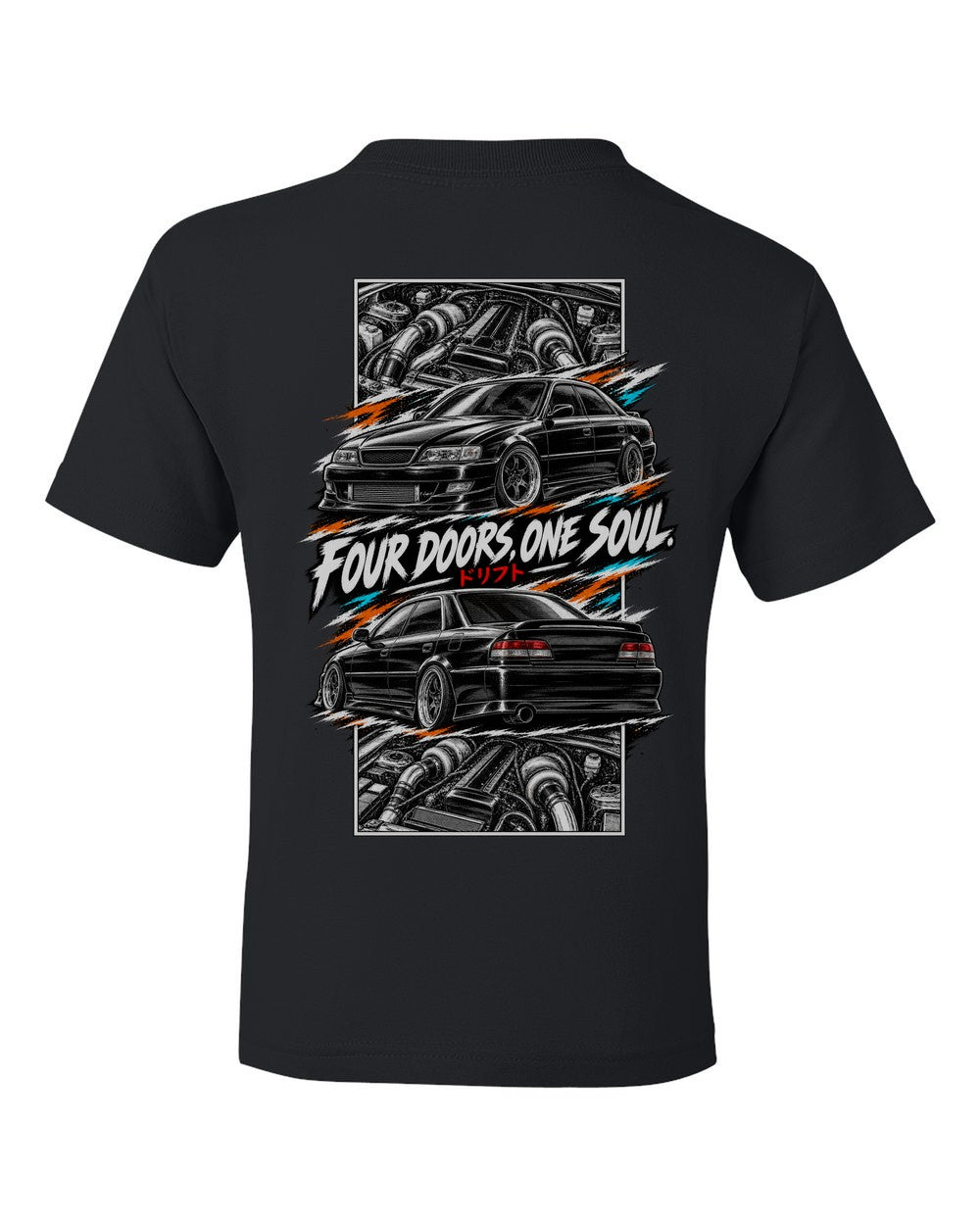 Toyota Chaser Jzx100 torn poster black kids tee back view with the design