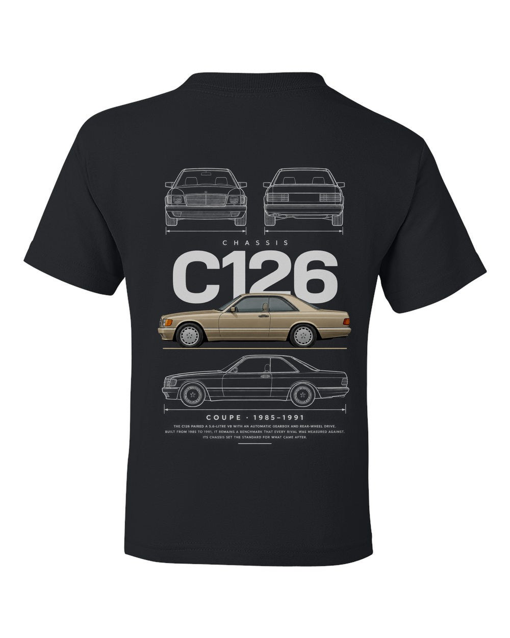 C126 full-back artwork black kids tee back view with the design