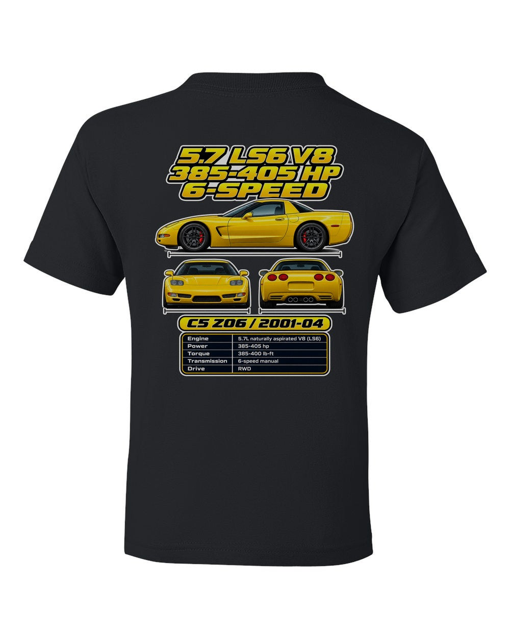 Chevrolet Corvette C5 Z06 spec sheet black kids tee back view with the design
