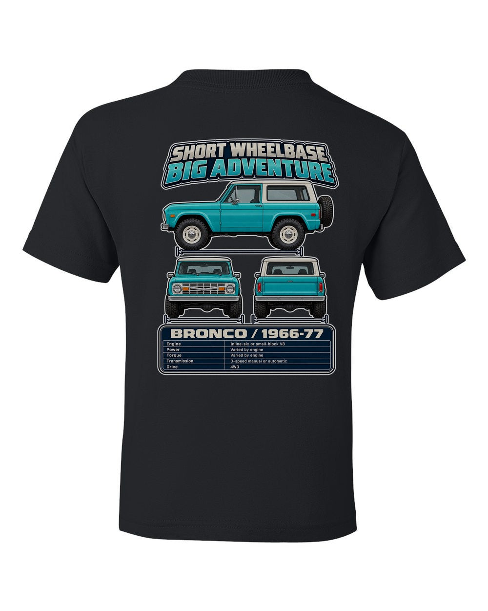 Ford Early Bronco spec sheet black kids tee back view with the design