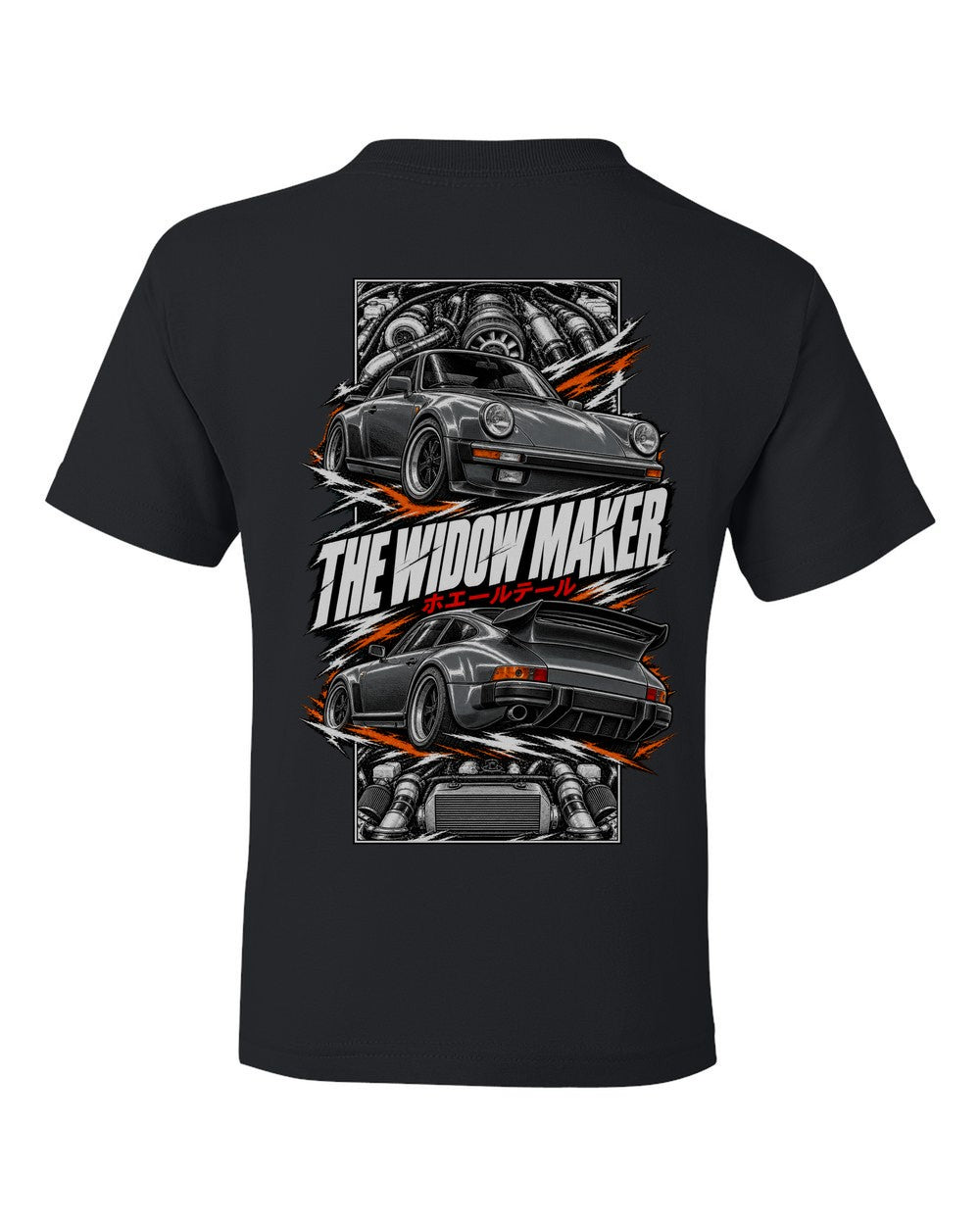 Porsche 930 Turbo torn poster black kids tee back view with the design
