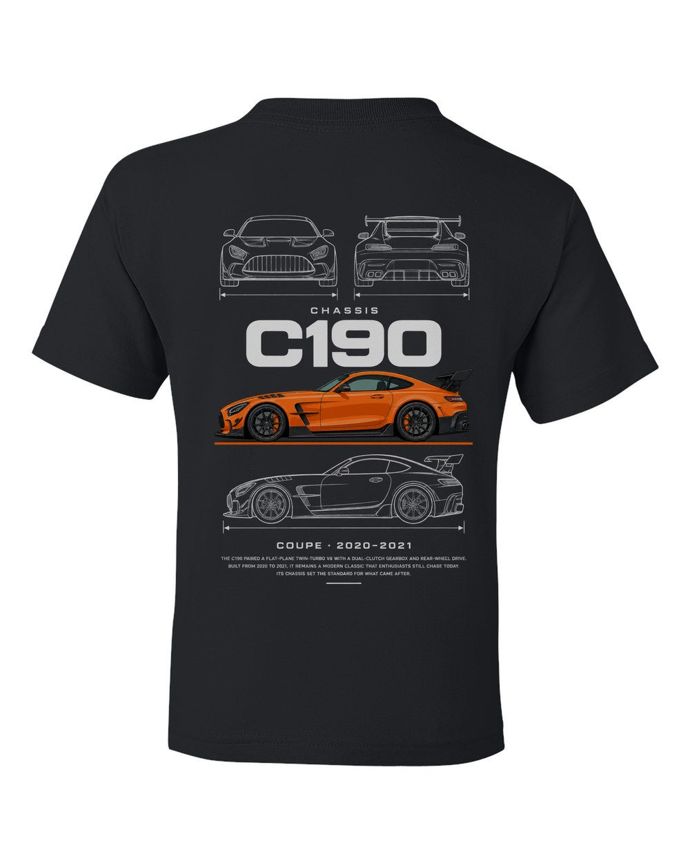 C190 full-back artwork black kids tee back view with the design