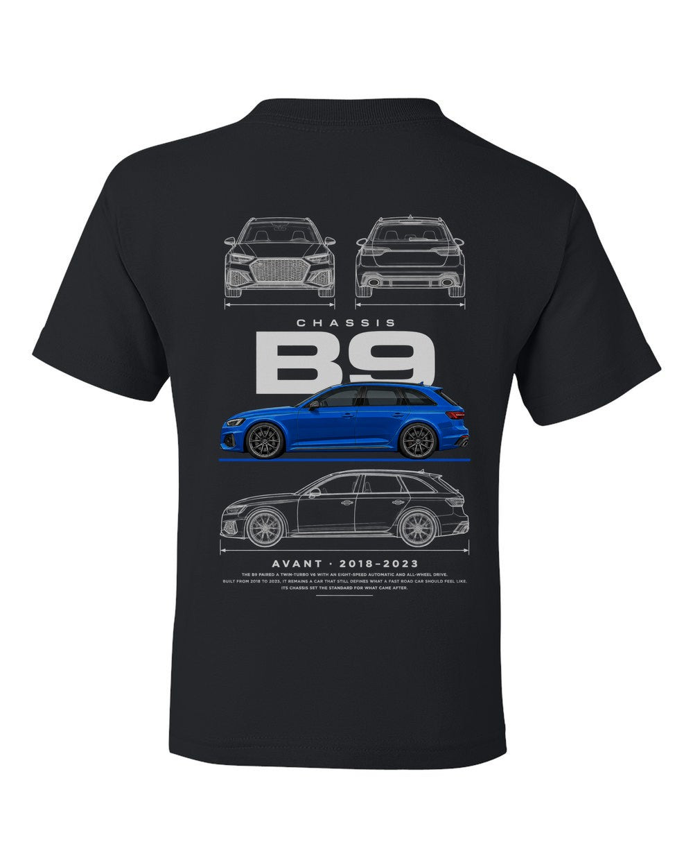 B9 full-back artwork black kids tee back view with the design