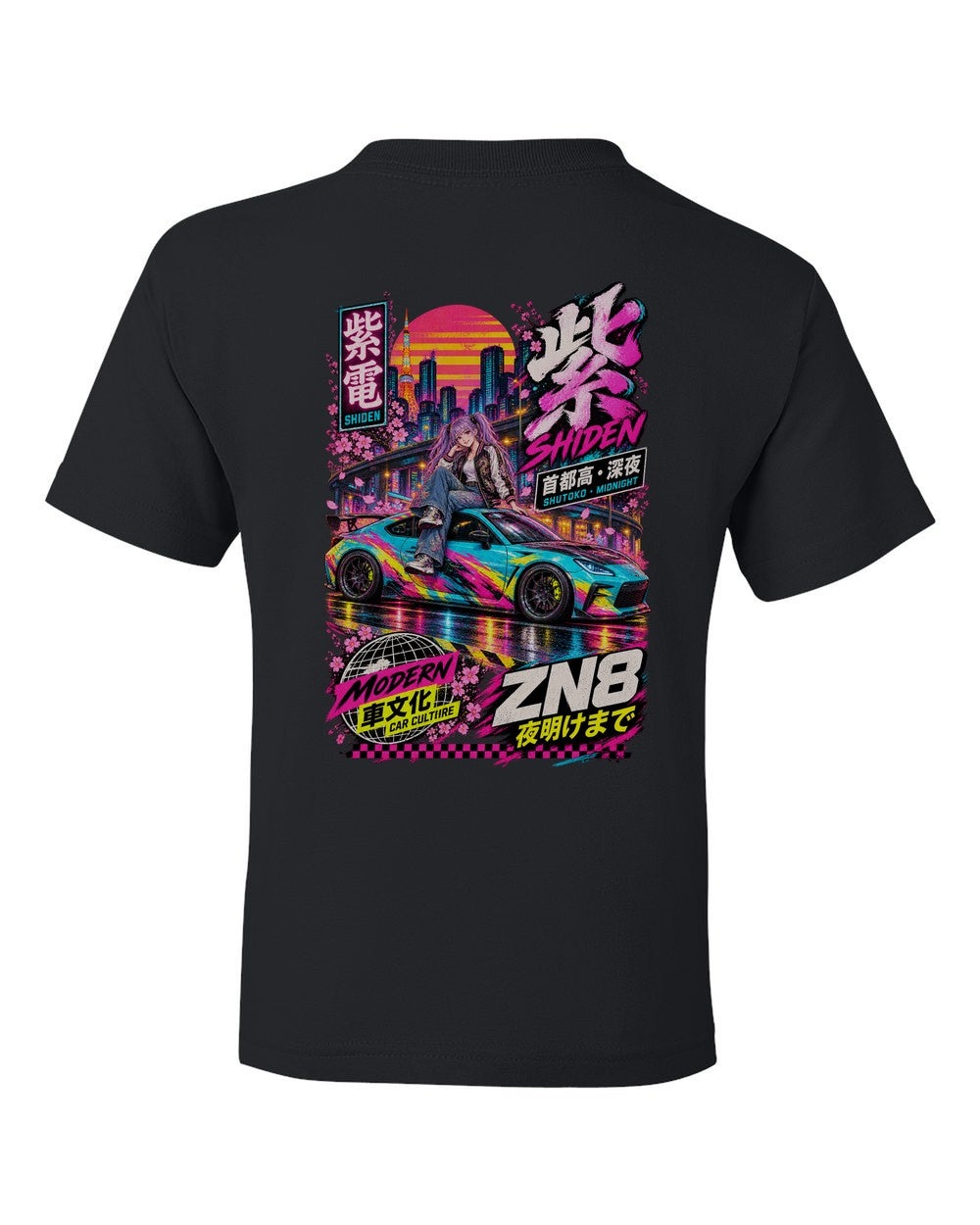 SHIDEN ZN8 full-back artwork black kids tee back view with the design