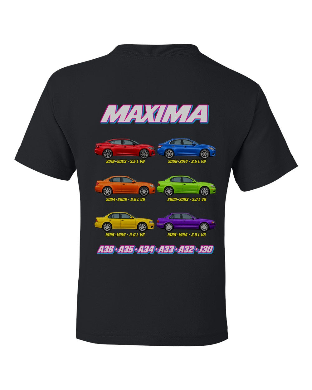 Nissan Maxima evolution poster black kids tee back view with the design