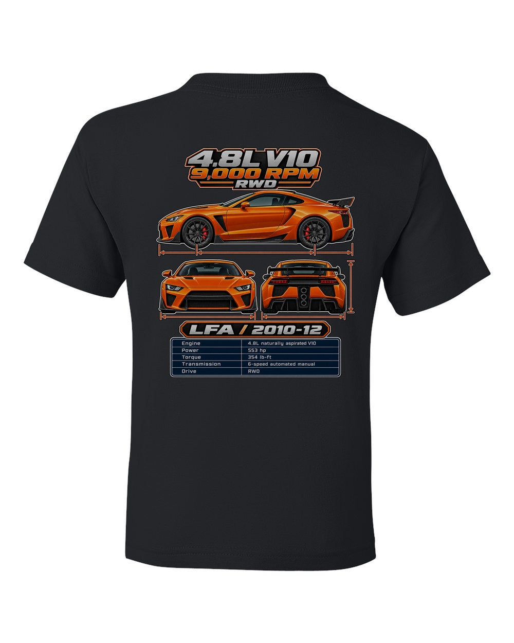 Lexus Lfa spec sheet black kids tee back view with the design