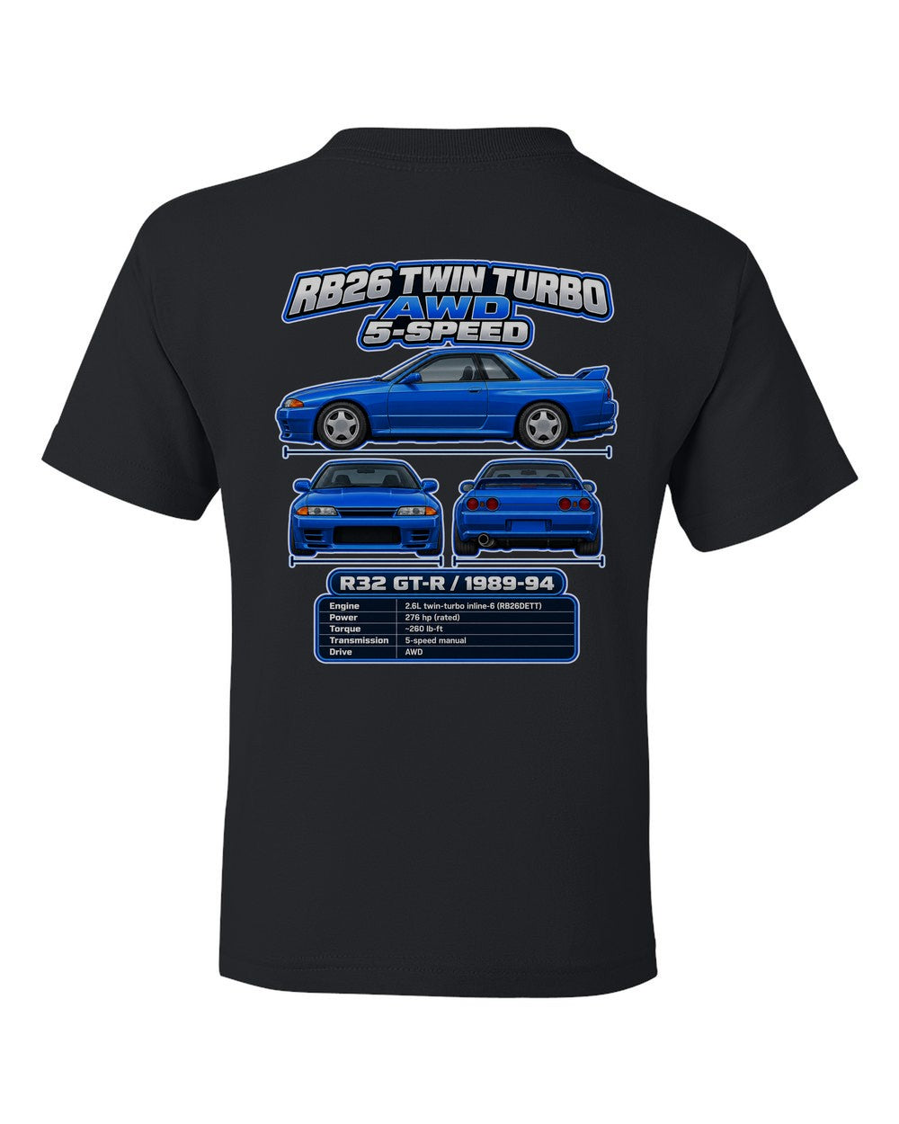 Nissan Skyline Gt R R32 spec sheet black kids tee back view with the design