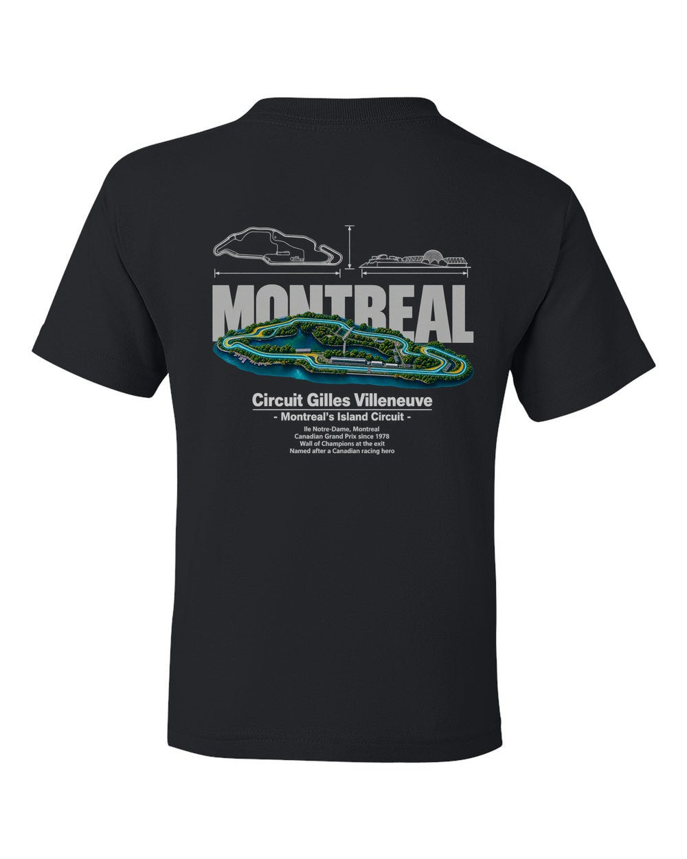 Circuit Gilles Villeneuve black kids tee back view with the design