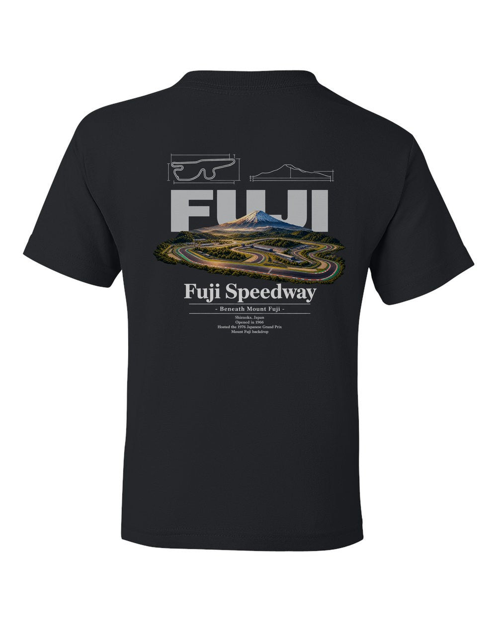 Fuji Speedway black kids tee back view with the design