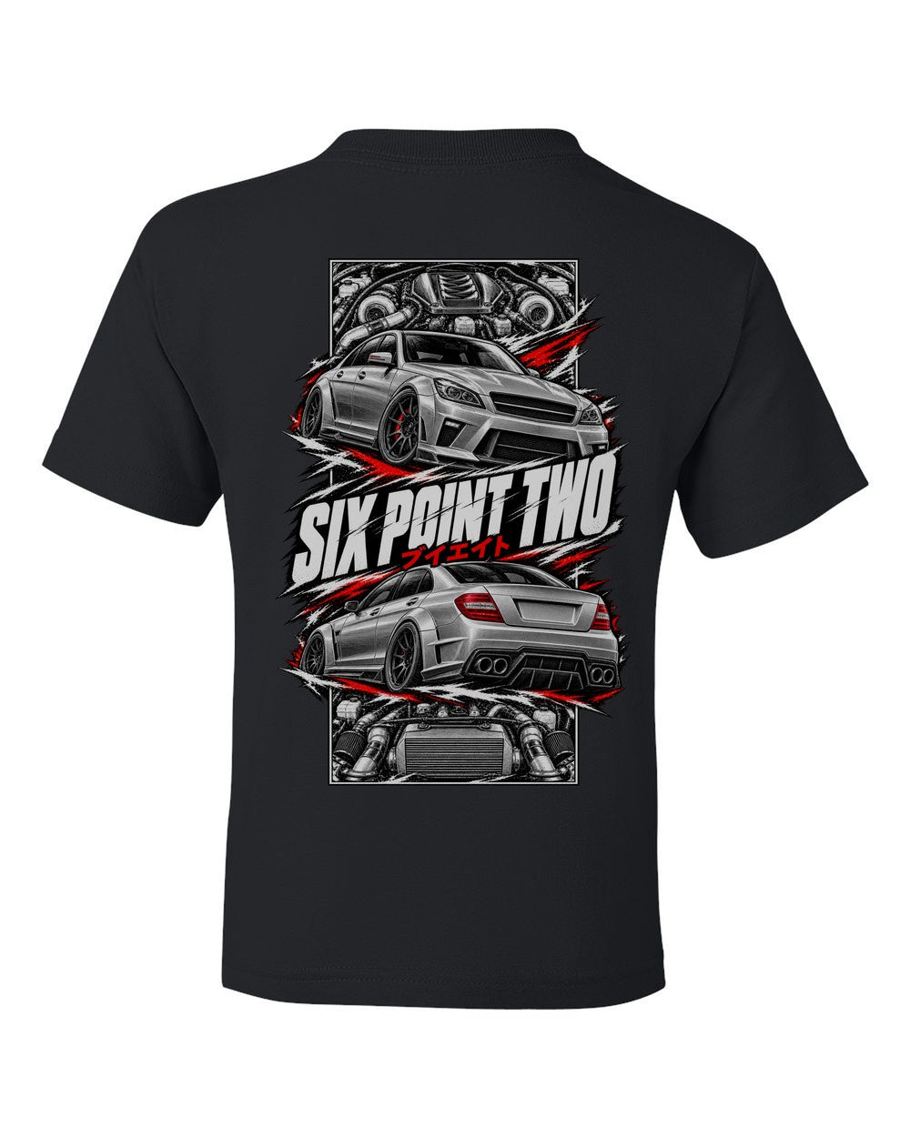 Mercedes-AMG C63 torn poster black kids tee back view with the design