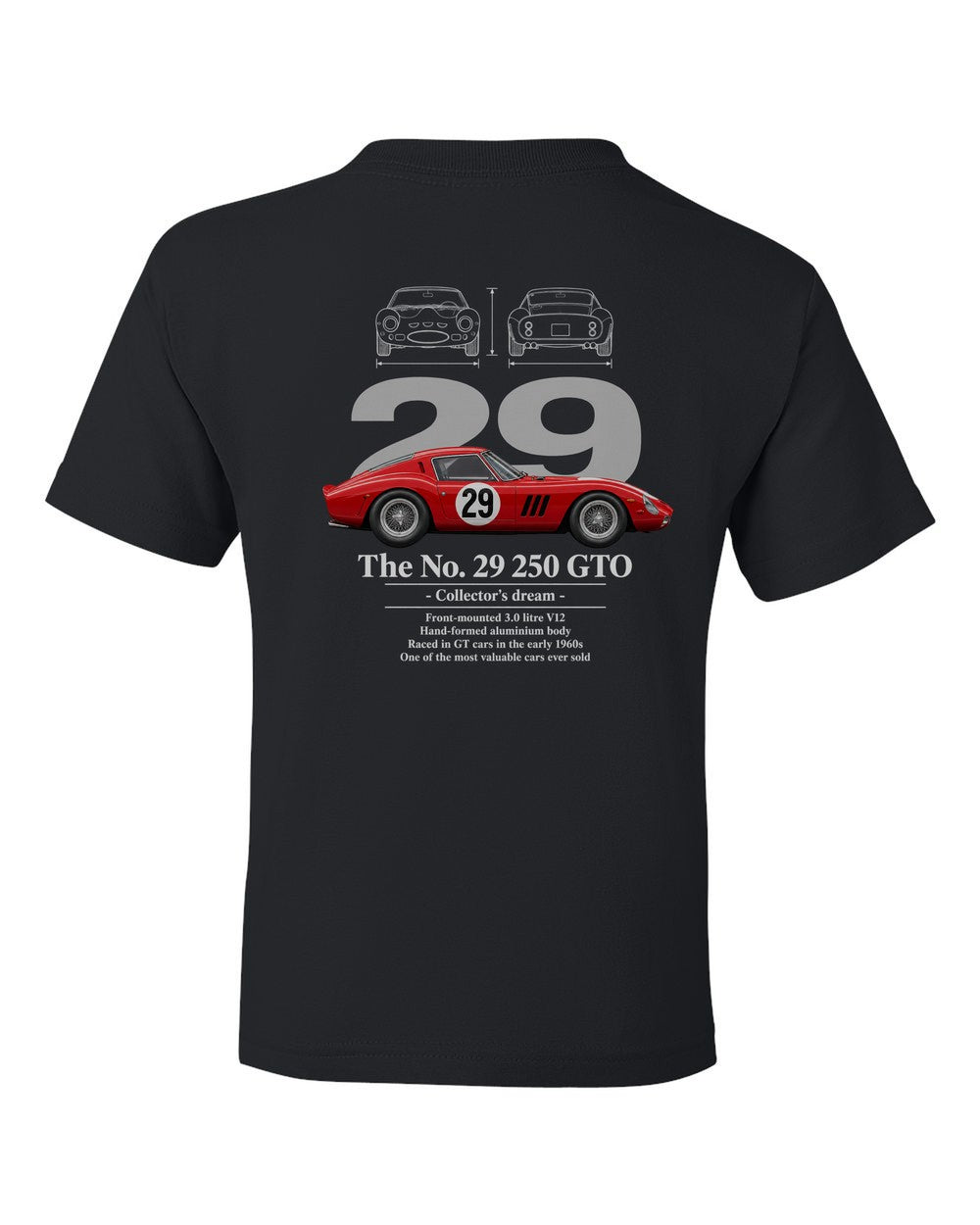No. 29 250 GTO black kids tee back view with the design