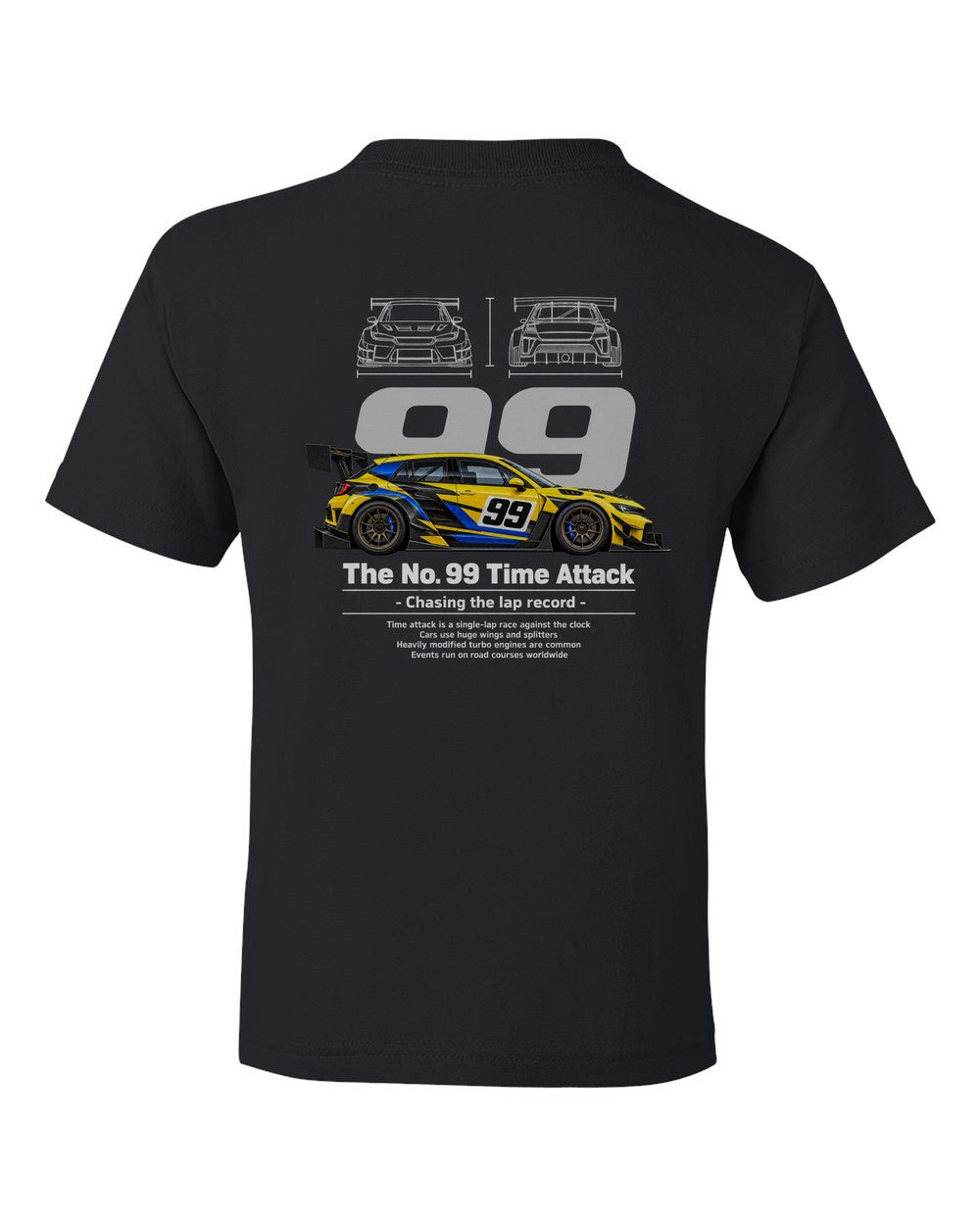 No. 99 Time Attack black kids tee back view with the design