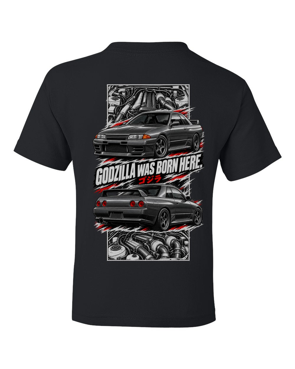 Nissan Skyline GT-R R32 torn poster black kids tee back view with the design