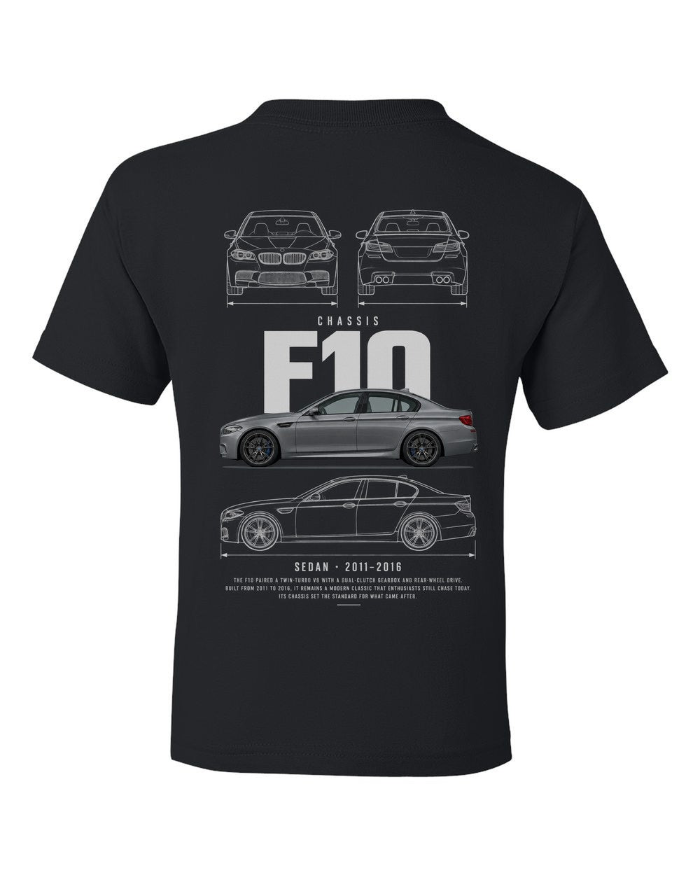 F10 full-back artwork black kids tee back view with the design