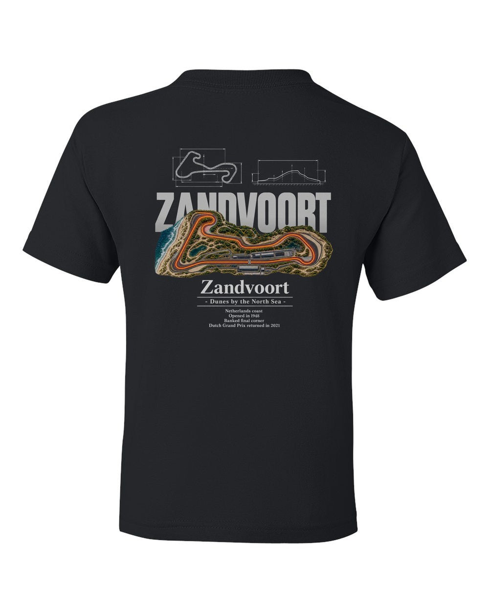 Zandvoort black kids tee back view with the design