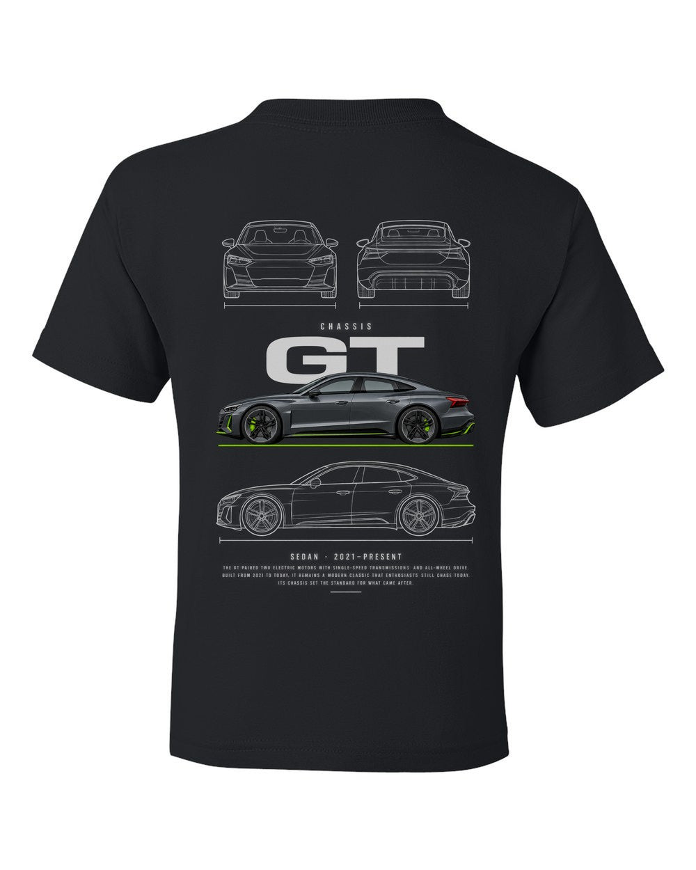 GT full-back artwork black kids tee back view with the design