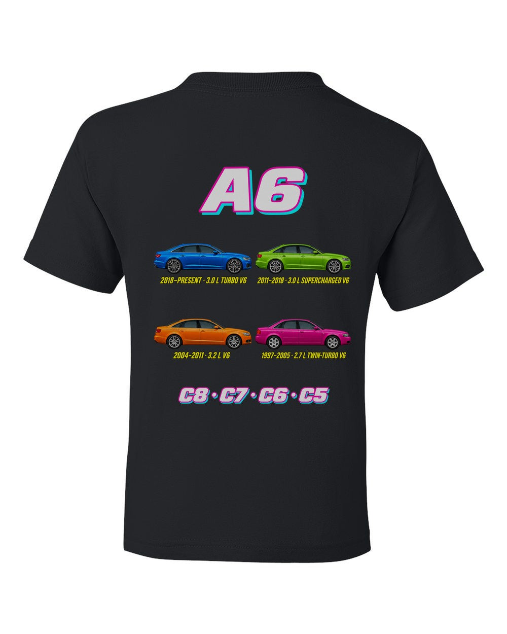 Audi A6 evolution poster black kids tee back view with the design