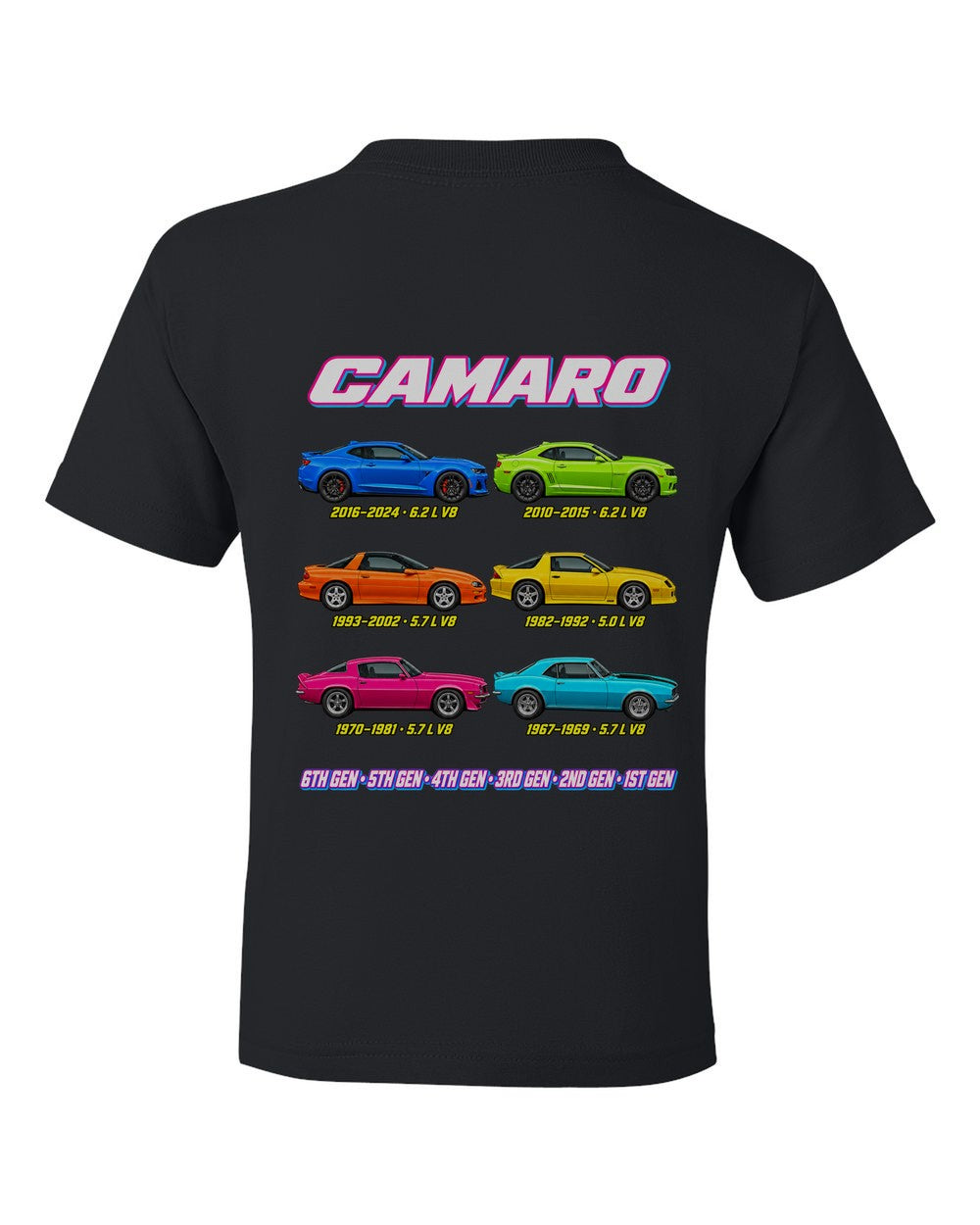 Chevy Camaro evolution poster black kids tee back view with the design