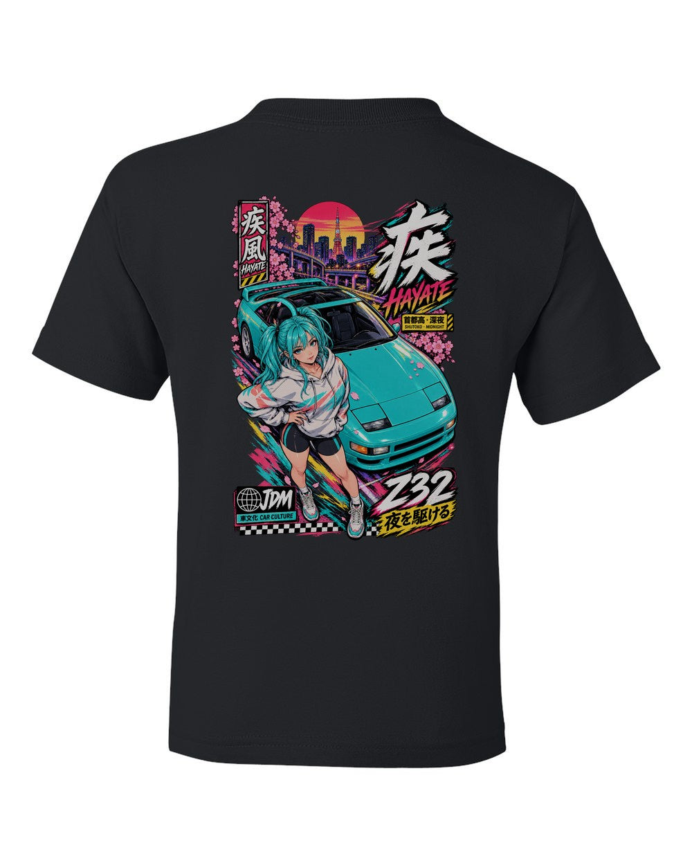 HAYATE Z32 full-back artwork black kids tee back view with the design