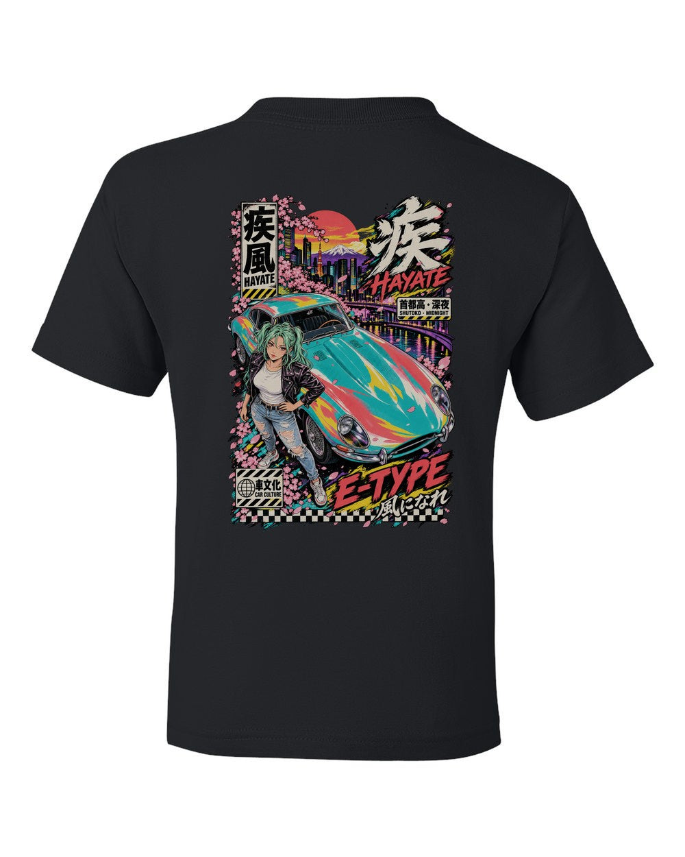 HAYATE E-TYPE full-back artwork black kids tee back view with the design
