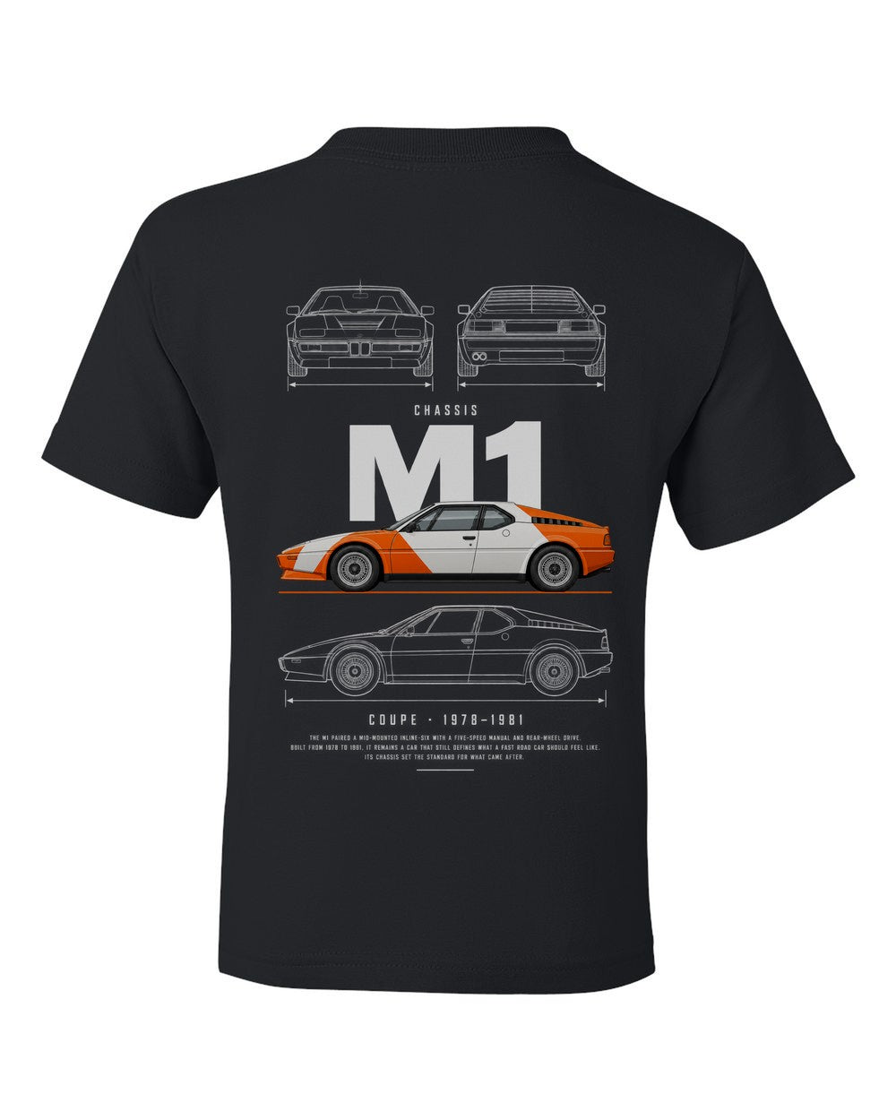 M1 full-back artwork black kids tee back view with the design