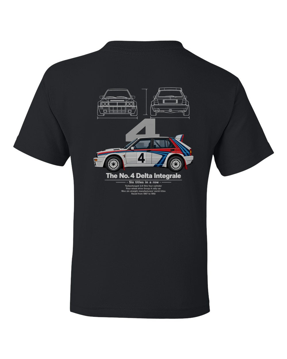 No. 4 Delta Integrale black kids tee back view with the design