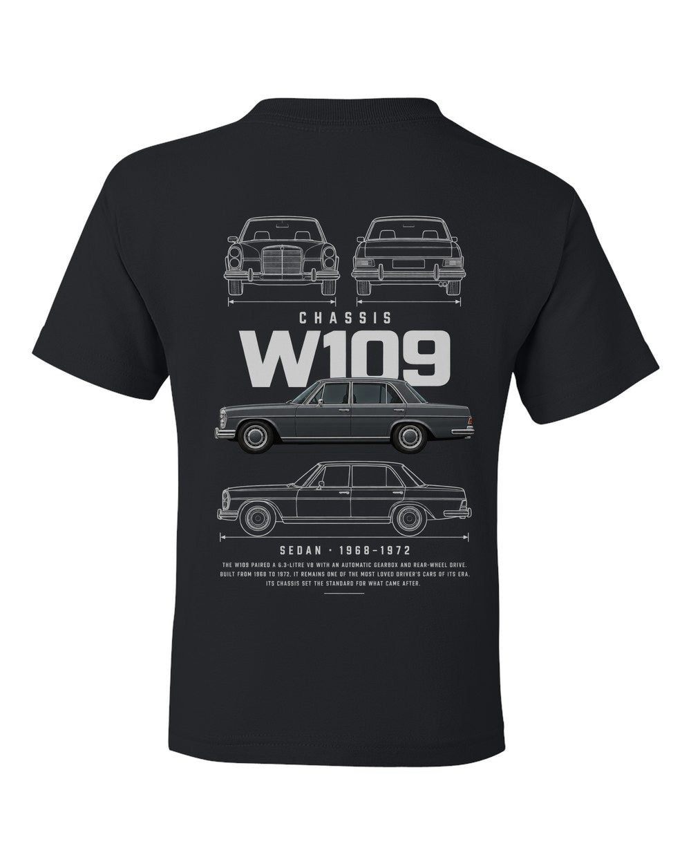 W109 full-back artwork black kids tee back view with the design