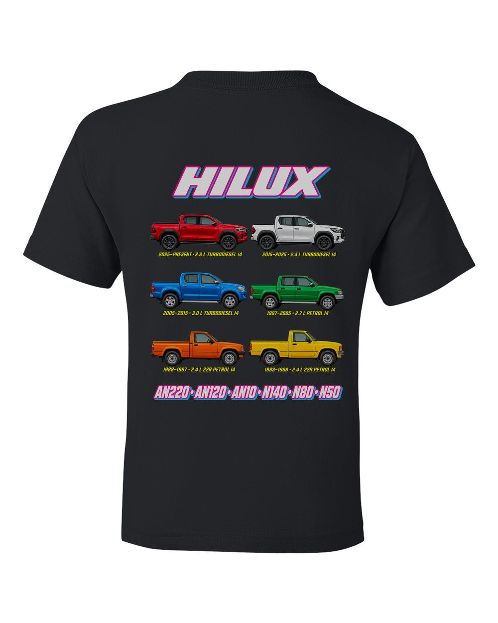 Toyota Hilux evolution poster black kids tee back view with the design