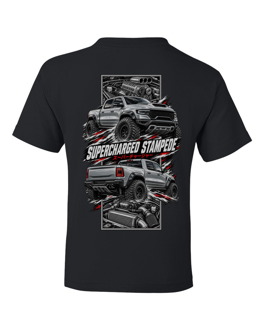 RAM 1500 Trx torn poster black kids tee back view with the design