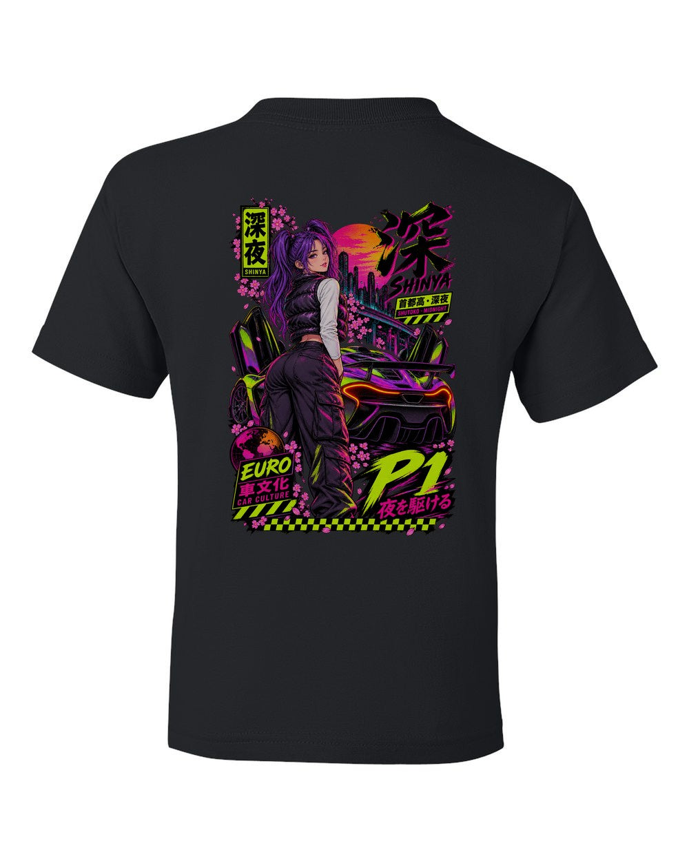 SHINYA P1 full-back artwork black kids tee back view with the design