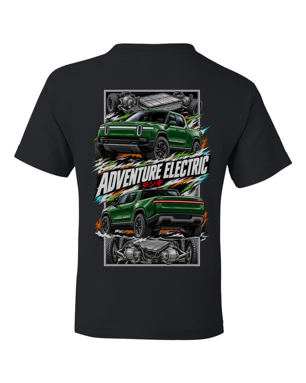 Rivian R1T torn poster black kids tee back view with the design