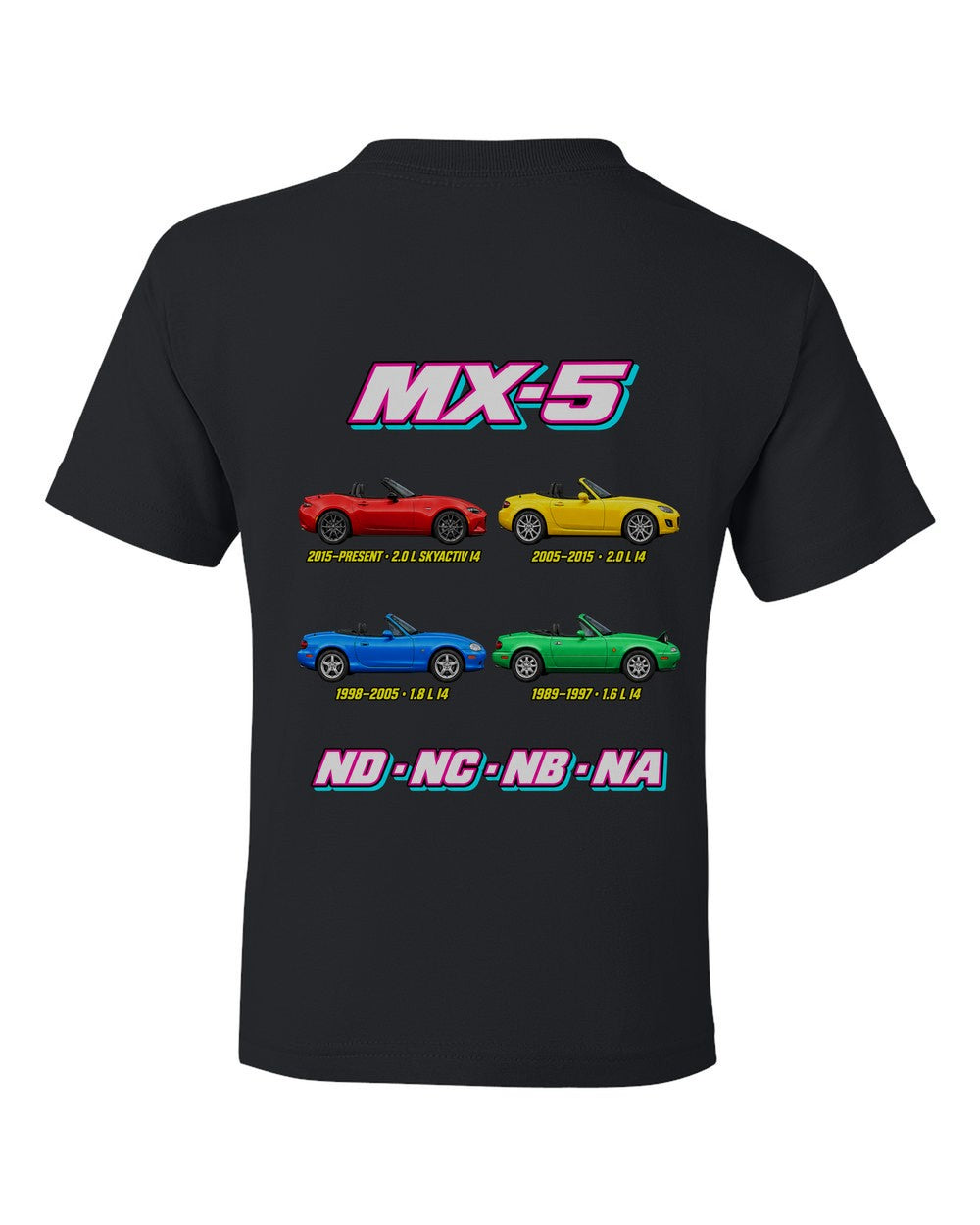 Mazda MX-5 evolution poster black kids tee back view with the design
