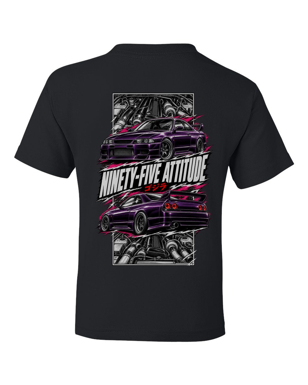 Nissan Skyline GT-R R33 torn poster black kids tee back view with the design