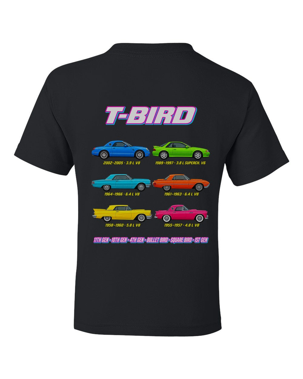 Ford Thunderbird evolution poster black kids tee back view with the design