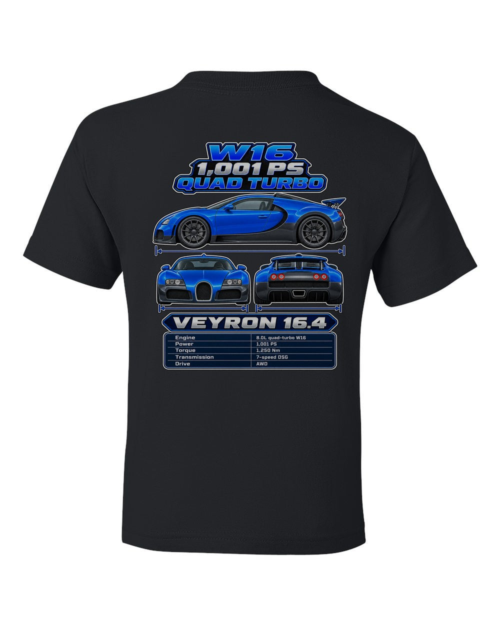 Bugatti Veyron 164 spec sheet black kids tee back view with the design