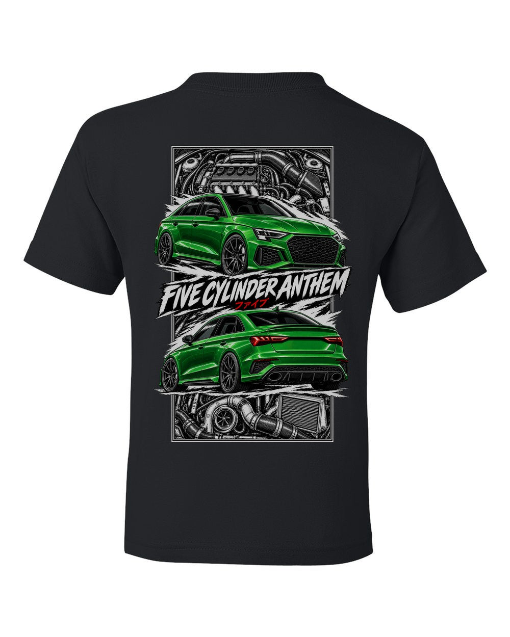 Audi Rs3 torn poster black kids tee back view with the design
