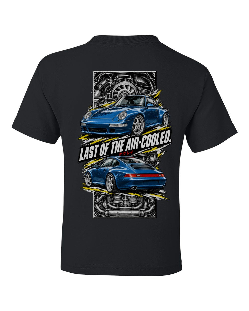 Porsche 911 993 torn poster black kids tee back view with the design