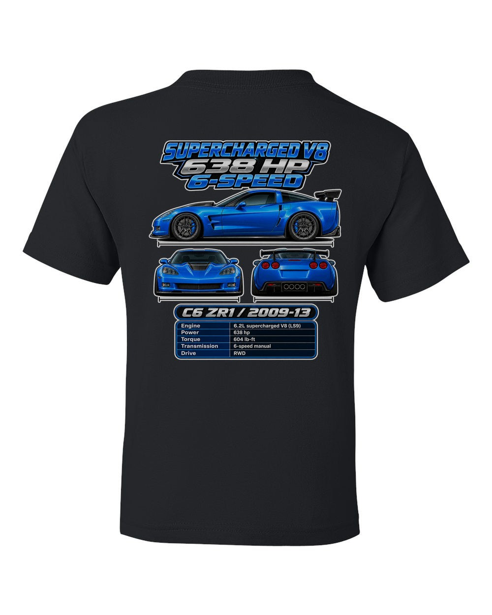 Chevrolet Corvette C6 Zr1 spec sheet black kids tee back view with the design