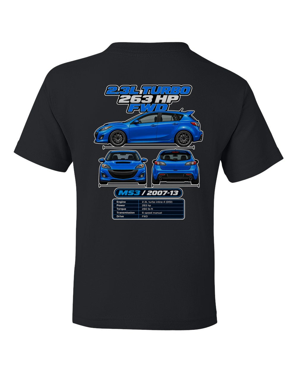 Mazda Mazdaspeed3 spec sheet black kids tee back view with the design