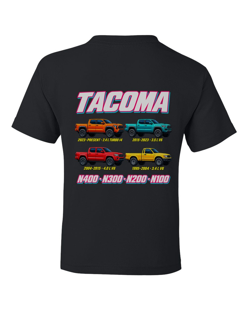 Toyota Tacoma evolution poster black kids tee back view with the design