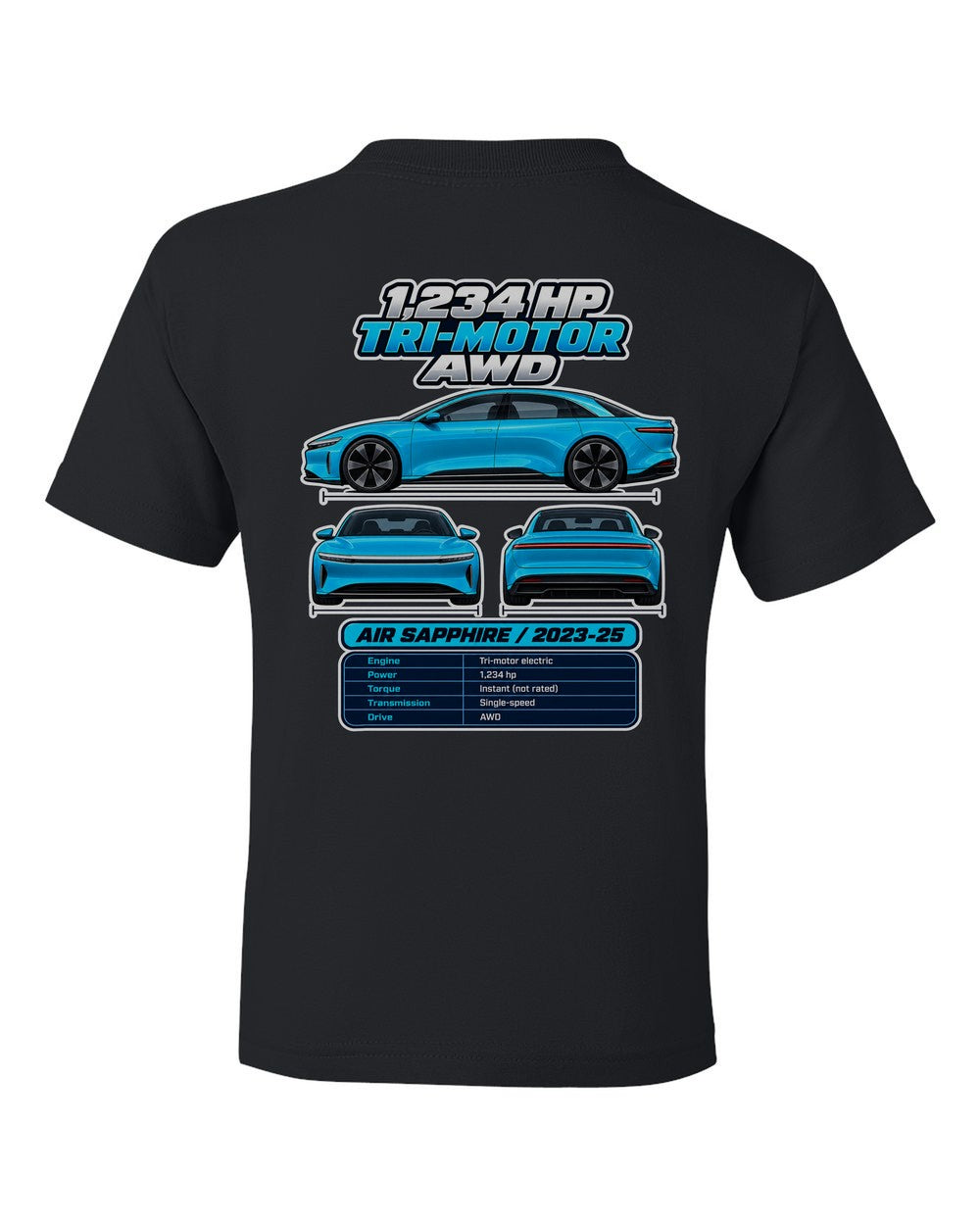 Lucid Air Sapphire spec sheet black kids tee back view with the design