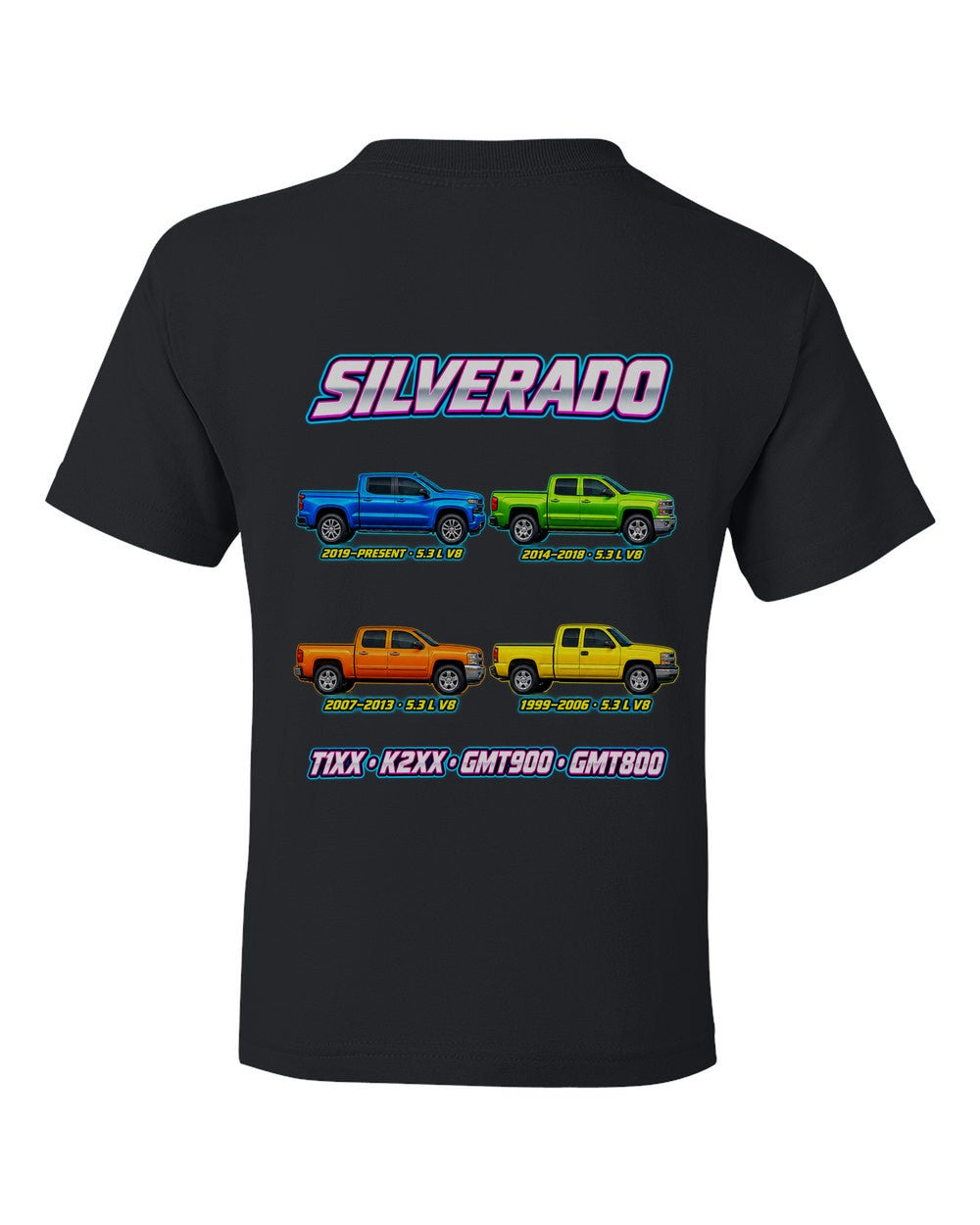 Chevy Silverado evolution poster black kids tee back view with the design