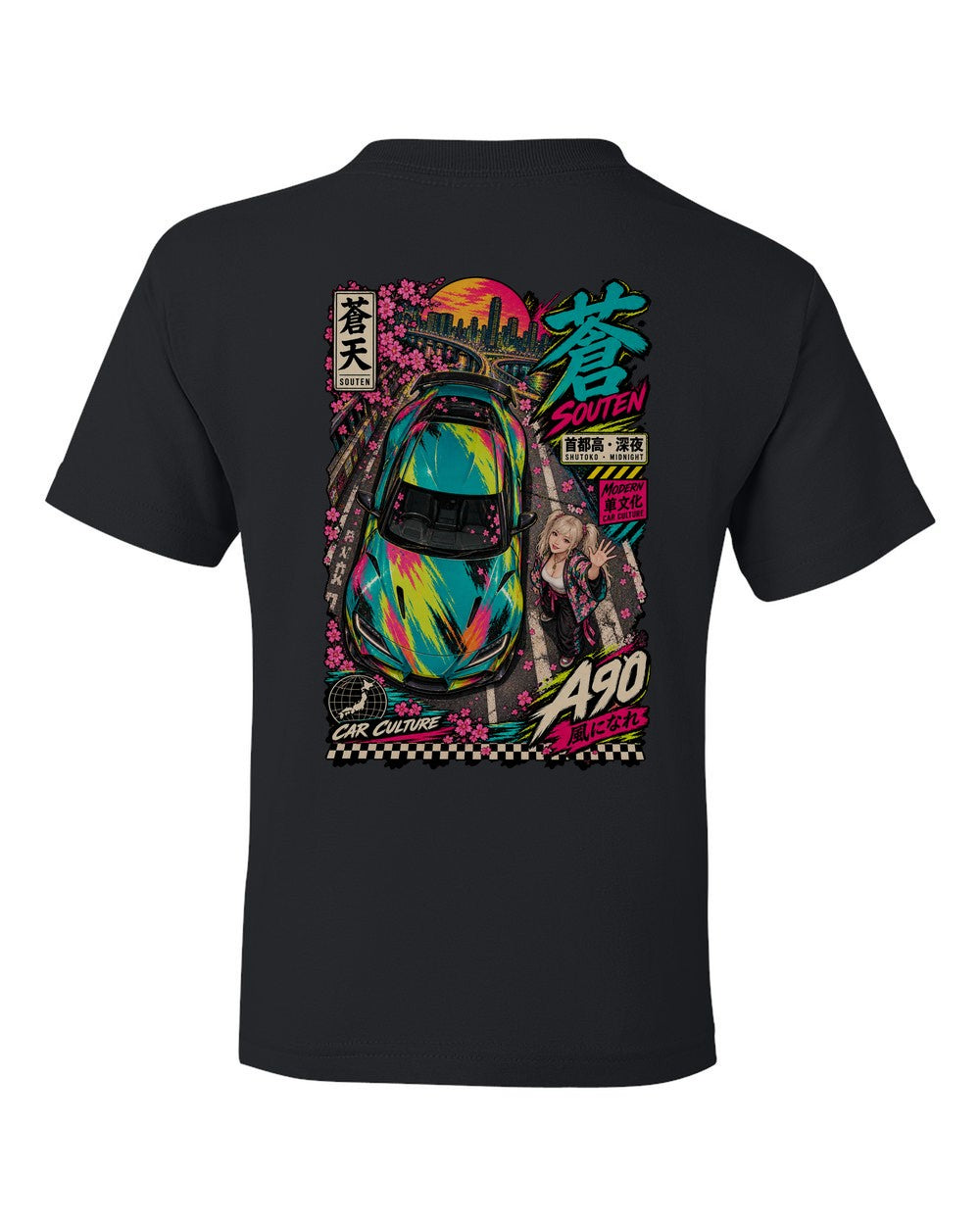 SOUTEN A90 full-back artwork black kids tee back view with the design