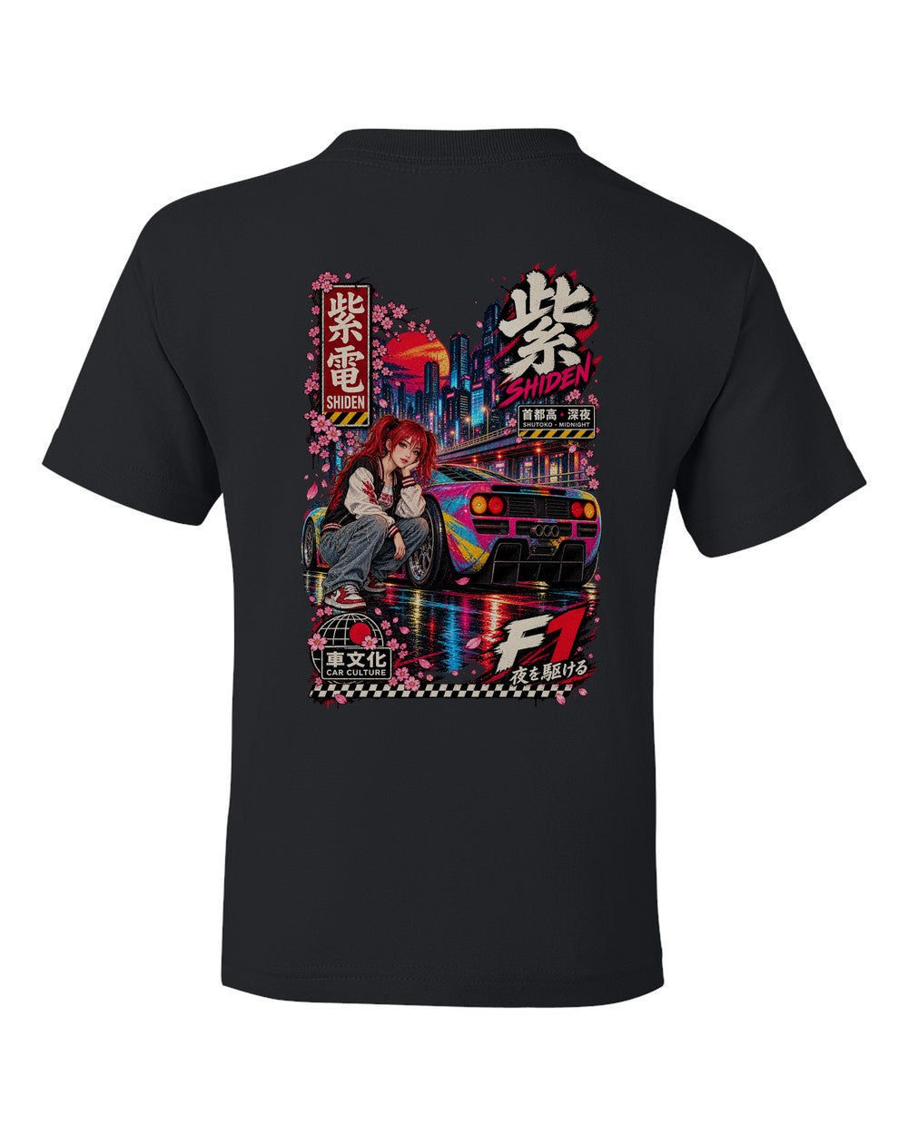 SHIDEN F1 full-back artwork black kids tee back view with the design