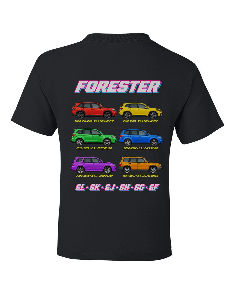 Subaru Forester evolution poster black kids tee back view with the design