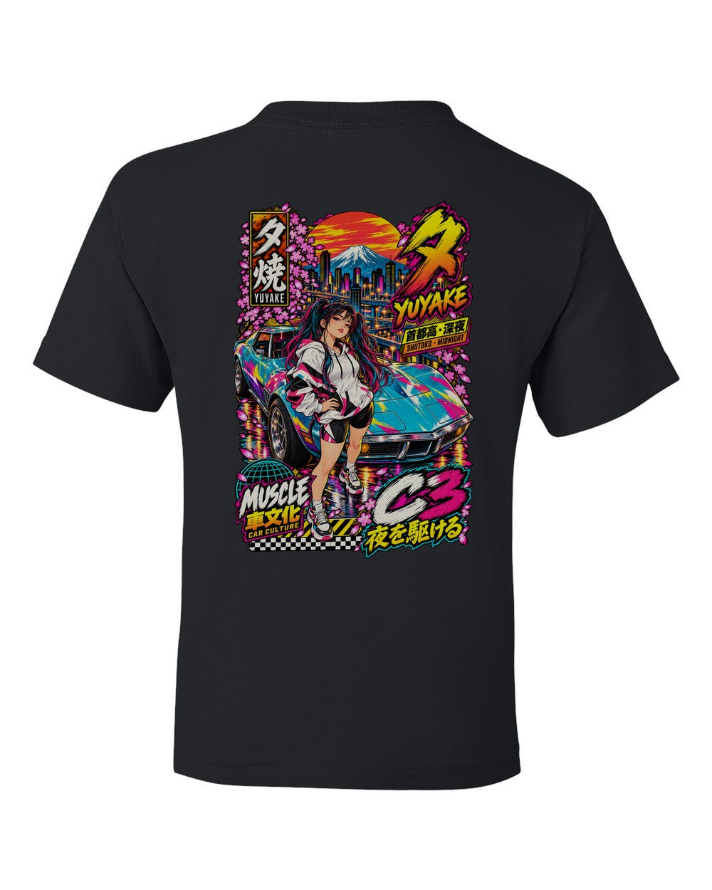 YUYAKE C3 full-back artwork black kids tee back view with the design